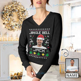 Custom Face Sweater Christmas Jingle Bells Personalized Women's All Over Print V-Neck Pullover Sweater Custom Photo Ugly Christmas Sweater