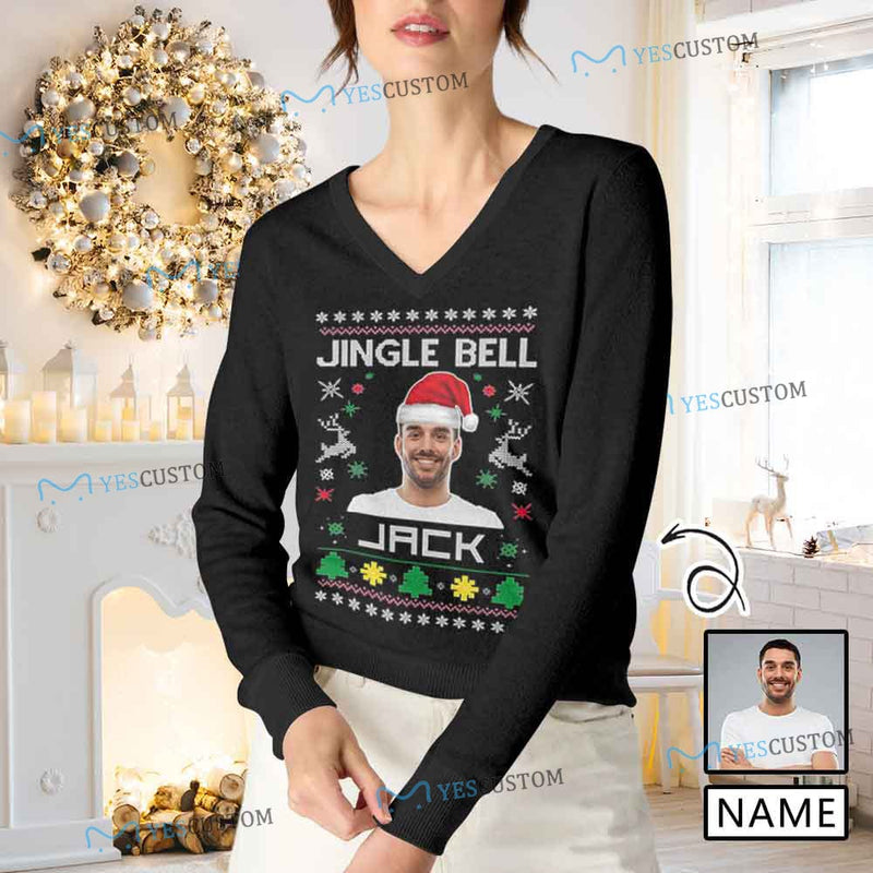 Custom Face Sweater Christmas Jingle Bells Personalized Women's All Over Print V-Neck Pullover Sweater Custom Photo Ugly Christmas Sweater