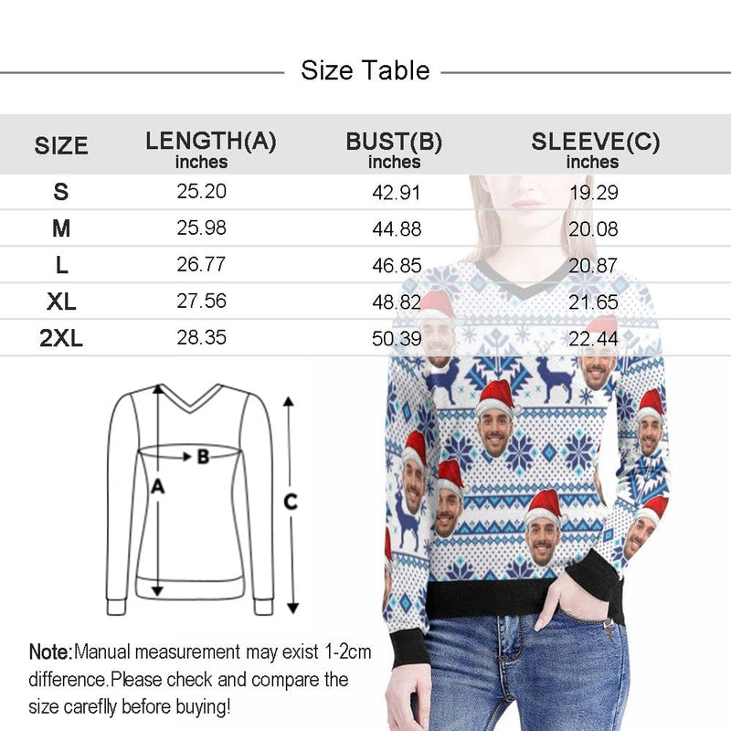 Custom Photo Sweater Christmas Snowflake Black Personalized Ugly Sweater With Photo Christmas Sweater With Picture Women's All Over Print V-Neck Pullover Sweater