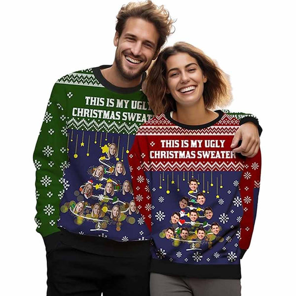 Personalized Face Christmas Tree With Lights Matching Ugly Christmas Sweatshirt, Gift For Christmas Custom face Sweatshirt, Ugly Couple Sweatshirts