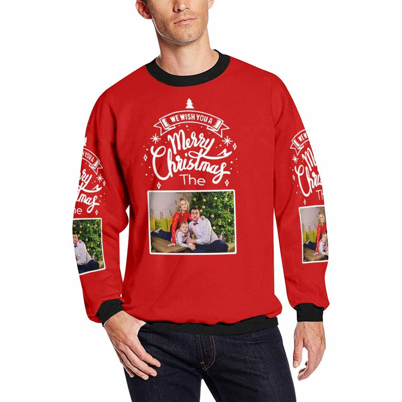 Personalized Photo Merry Christmas Red Ugly Men's Christmas Sweatshirts, Gift For Christmas Custom Photo Sweatshirt, Ugly Couple Sweatshirts