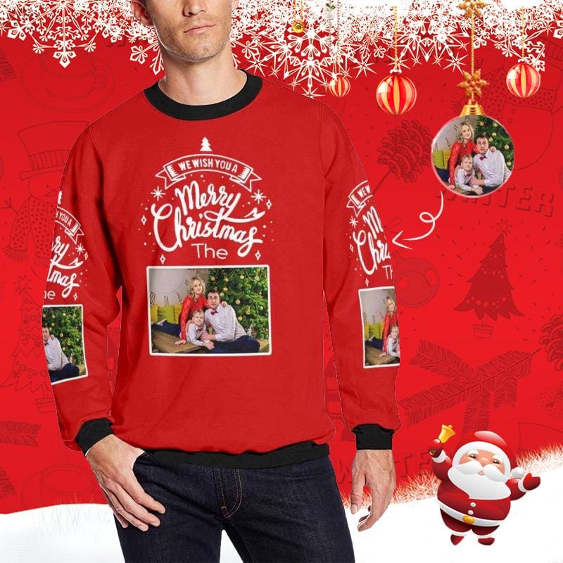 Personalized Photo Merry Christmas Red Ugly Men's Christmas Sweatshirts, Gift For Christmas Custom Photo Sweatshirt, Ugly Couple Sweatshirts