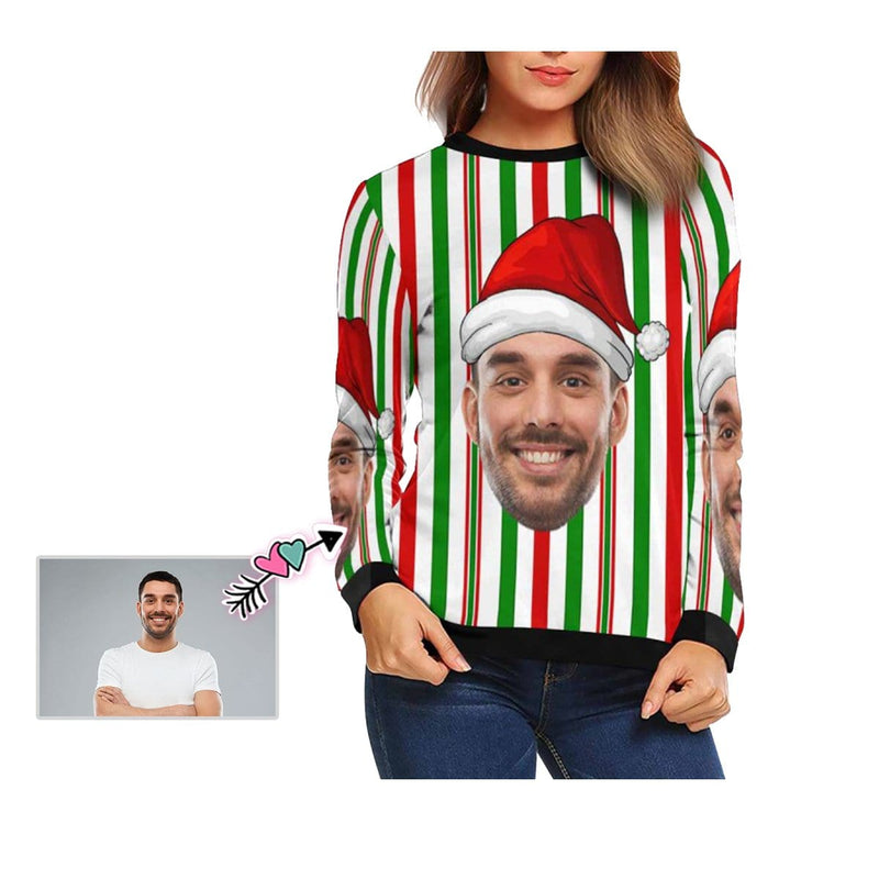 Personalized Face Christmas Stripes Ugly Women's Christmas Sweatshirts, Gift For Christmas Custom face Sweatshirt, Ugly Couple Sweatshirts