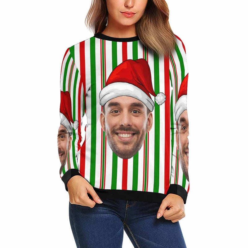 Personalized Face Christmas Stripes Ugly Women's Christmas Sweatshirts, Gift For Christmas Custom face Sweatshirt, Ugly Couple Sweatshirts