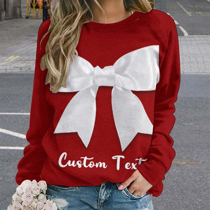 Personalized Text Christmas Bow Tie Red Ugly Women's Christmas Sweatshirts, Gift For Christmas Custom Text Sweatshirt, Ugly Couple Sweatshirts