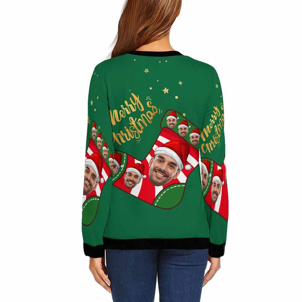 Personalized Face Green Christmas Stocking Ugly Women's Christmas Sweatshirts, Gift For Christmas Custom face Sweatshirt, Ugly Couple Sweatshirts