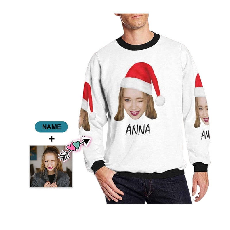 Personalized Face&Name Christmas Hat White Background Ugly Men's Christmas Sweatshirts, Gift For Christmas Custom face Sweatshirt, Ugly Couple Sweatshirts