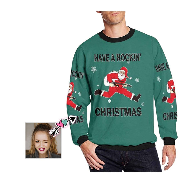 Personalized Face Santa Claus Green Ugly Men's Christmas Sweatshirts, Gift For Christmas Custom face Sweatshirt, Ugly Couple Sweatshirts