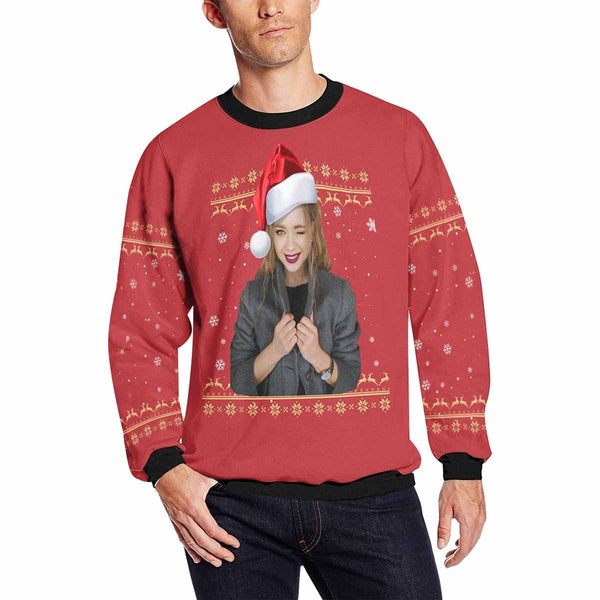 Personalized Photo Christmas Red Hat Ugly Men's Christmas Sweatshirts, Gift For Christmas Custom Photo Sweatshirt, Ugly Couple Sweatshirts