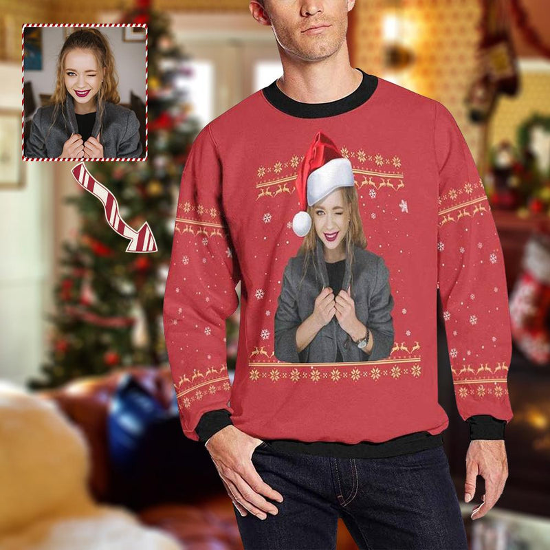 Personalized Photo Christmas Red Hat Ugly Men's Christmas Sweatshirts, Gift For Christmas Custom Photo Sweatshirt, Ugly Couple Sweatshirts