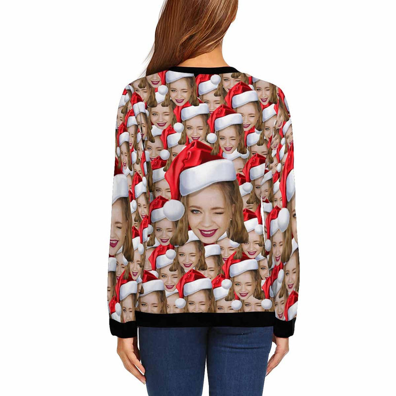 Personalized Seamless Face Christmas Hats Ugly Women's Christmas Sweatshirts, Gift For Christmas Custom face Sweatshirt, Ugly Couple Sweatshirts