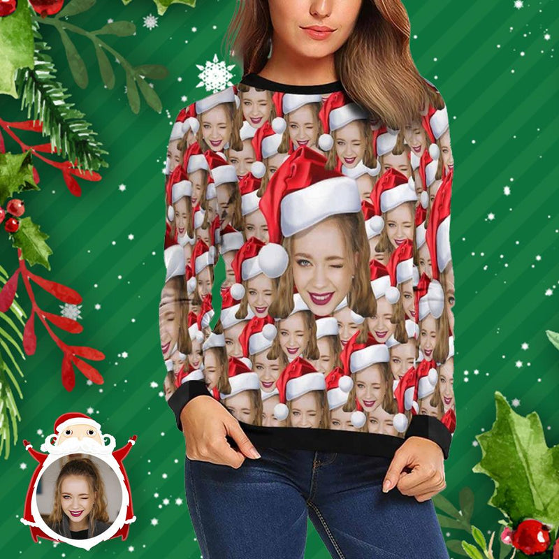 Personalized Seamless Face Christmas Hats Ugly Women's Christmas Sweatshirts, Gift For Christmas Custom face Sweatshirt, Ugly Couple Sweatshirts