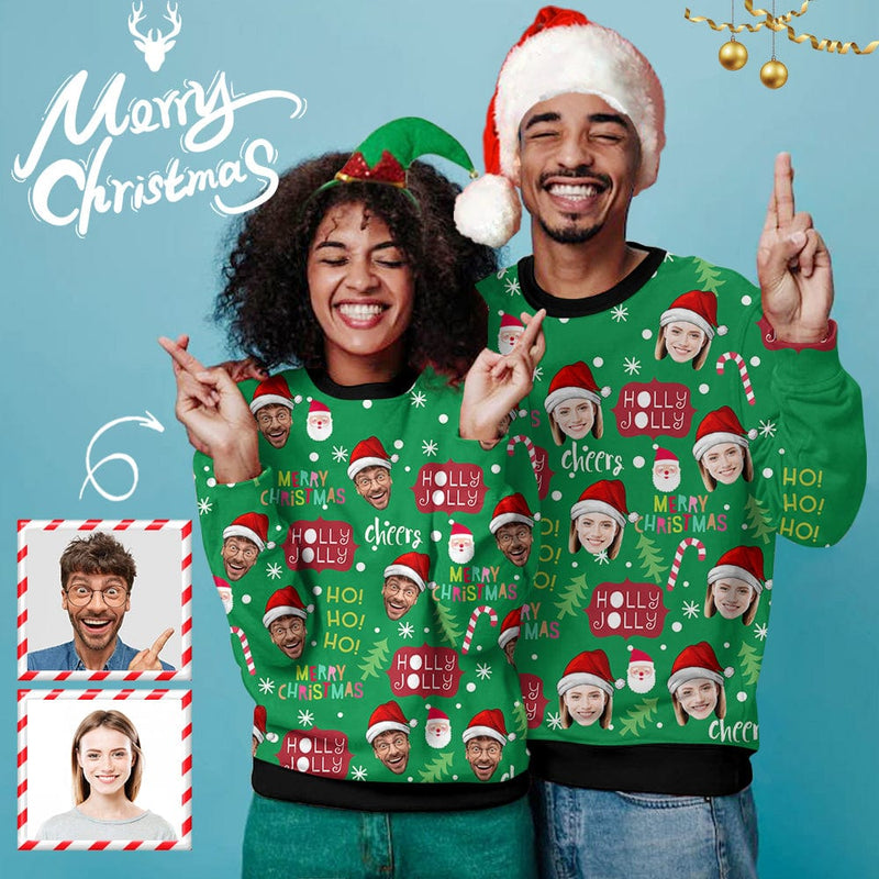 Personalized Face Christmas Green Matching Ugly Christmas Sweatshirt, Gift For Christmas Custom face Sweatshirt, Ugly Couple Sweatshirts