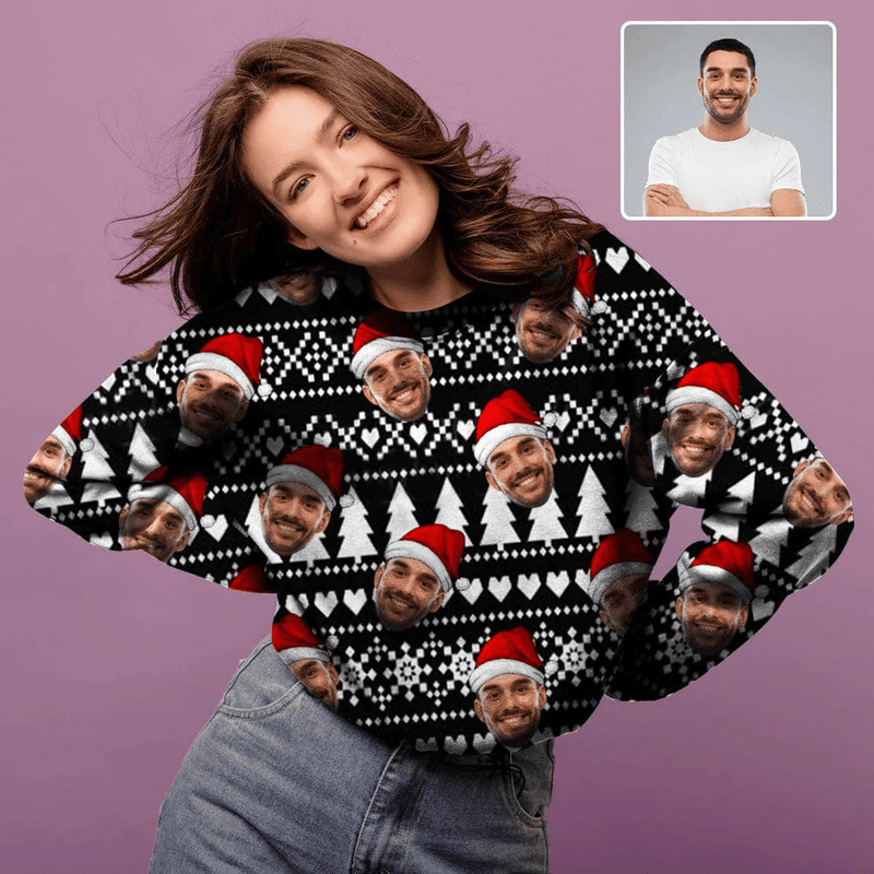 Personalized Face Christmas Pattern Matching Ugly Christmas Sweatshirt, Gift For Christmas Custom face Sweatshirt, Ugly Couple Sweatshirts