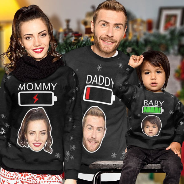 Personalized Face Family Battery Power Matching Ugly Christmas Sweatshirt, Gift For Christmas Custom Face Sweatshirt, Ugly Family Sweatshirts