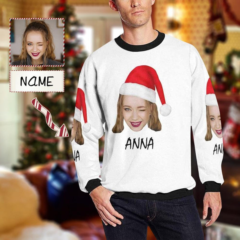 Personalized Face&Name Christmas Hat White Background Ugly Men's Christmas Sweatshirts, Gift For Christmas Custom face Sweatshirt, Ugly Couple Sweatshirts