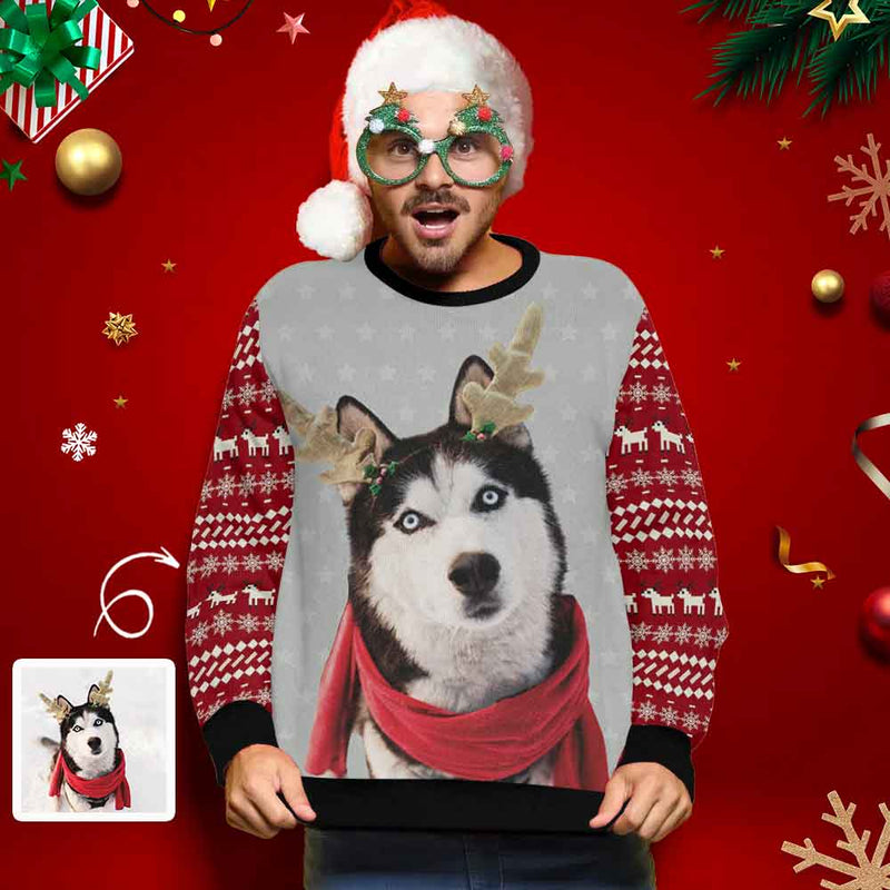 Personalized Pet Face Snowflake Elk Ugly Men's Christmas Sweatshirts, Gift For Christmas Custom face Sweatshirt, Ugly Couple Sweatshirts