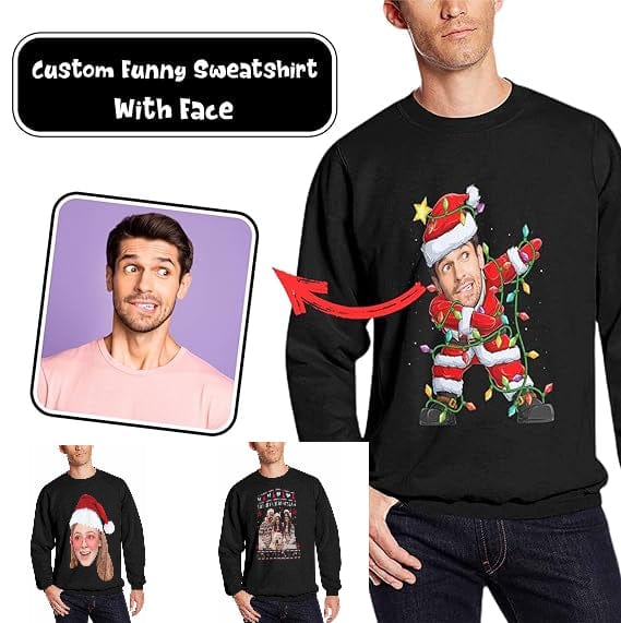 Personalized Photo Black Christmas Red Hat Ugly Men's Christmas Sweatshirts, Gift For Christmas Custom face Sweatshirt, Ugly Couple Sweatshirts