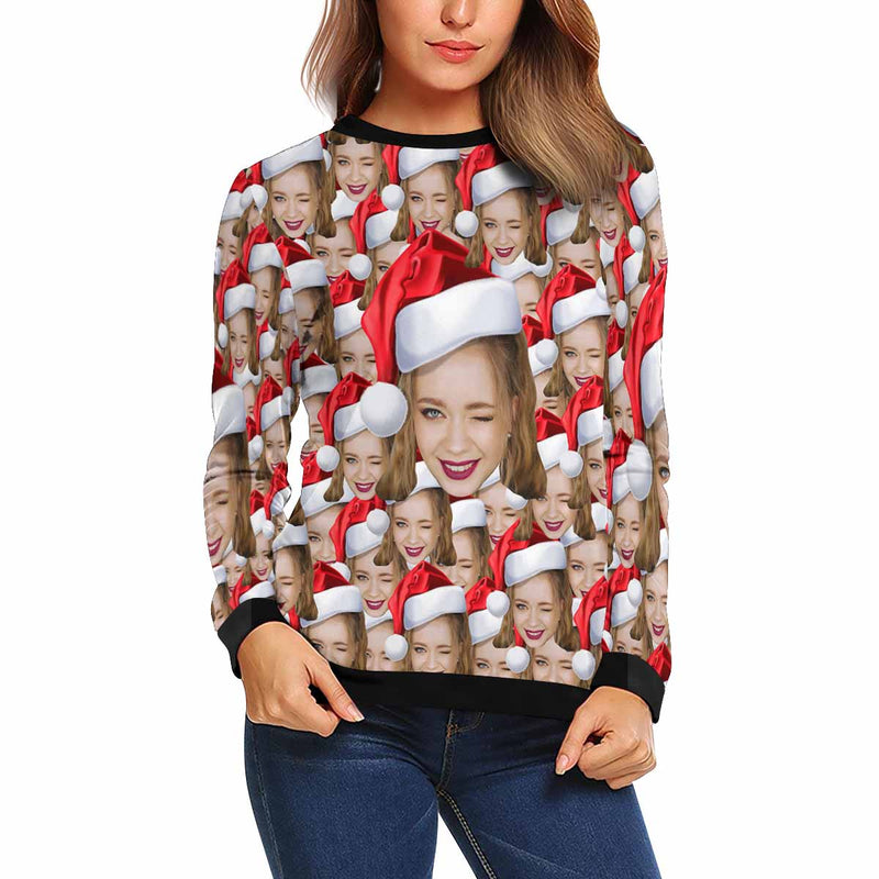 Personalized Seamless Face Christmas Hats Ugly Women's Christmas Sweatshirts, Gift For Christmas Custom face Sweatshirt, Ugly Couple Sweatshirts