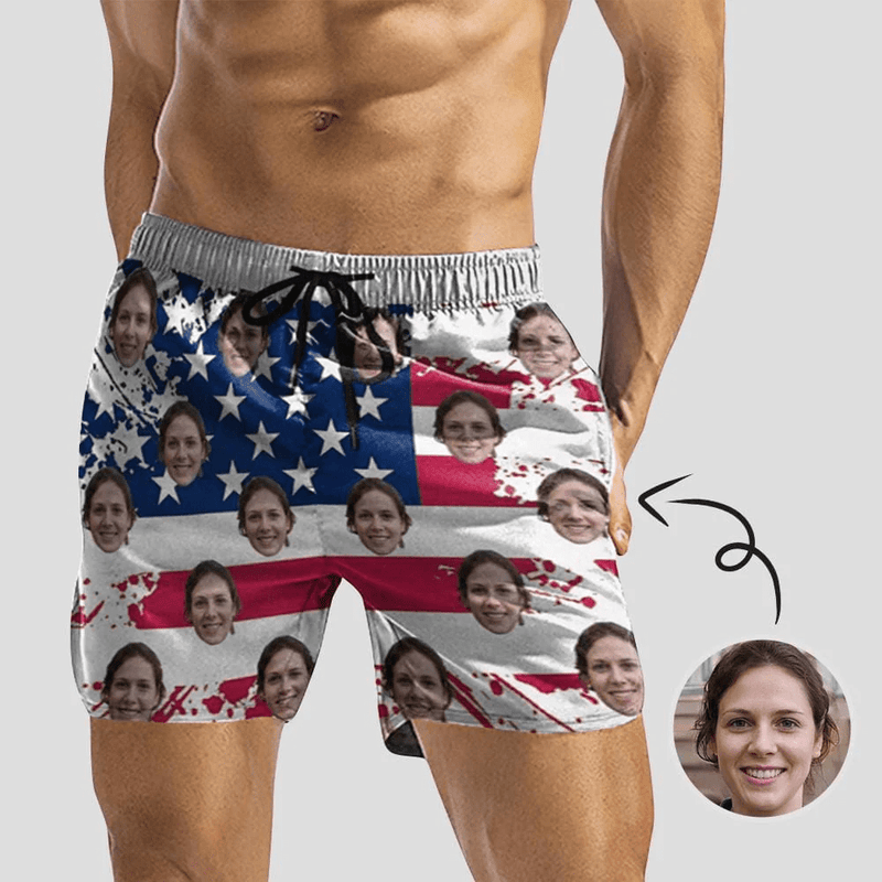 [Special Offer] Personalized Swim Trunks Custom Swimming Shorts Custom Face Stars Stripes Men's Quick Dry Swim Shorts Mens Print Swimwear with Girlfriend's Face for Vacation