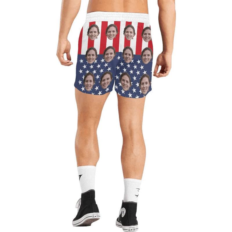 [Special Offer] Personalized Swim Trunks Custom Swimming Shorts Custom Face Stars Stripes Men's Quick Dry Swim Shorts Mens Print Swimwear with Girlfriend's Face for Vacation