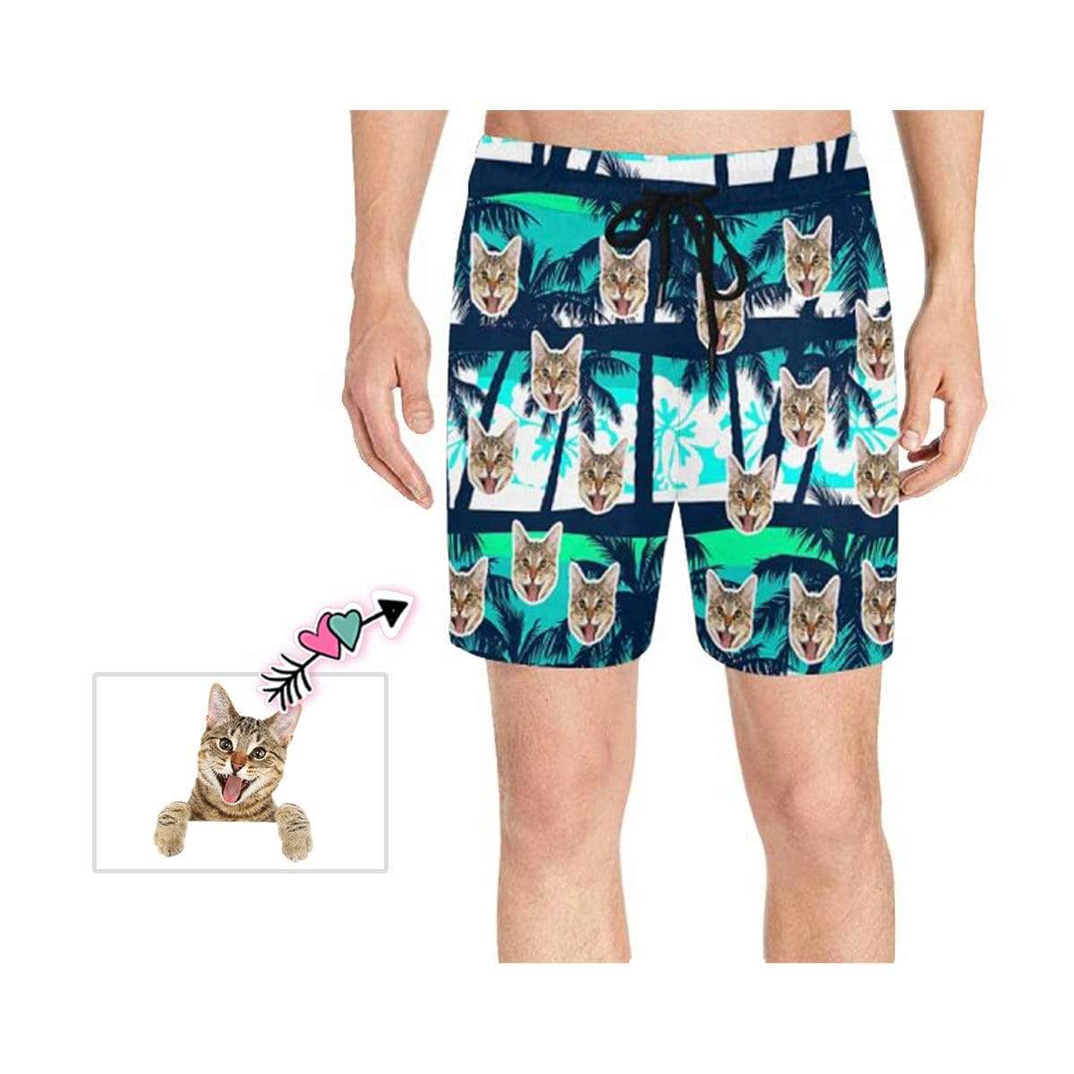 Custom Face Coconut Trees Men's Quick Dry Swim Shorts Men's Print Cat Face Personalized Swim Trunks