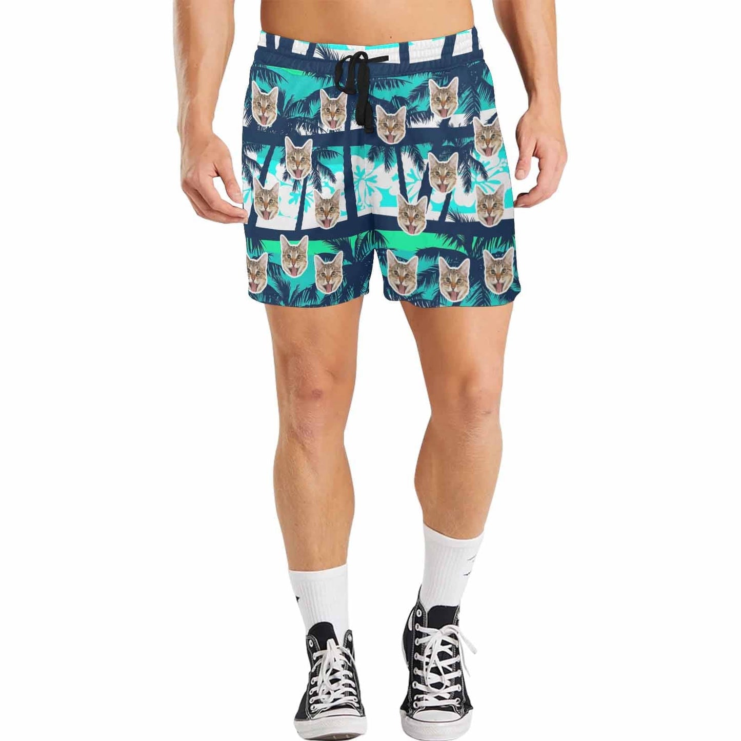 Custom Face Coconut Trees Men's Quick Dry Swim Shorts Men's Print Cat Face Personalized Swim Trunks