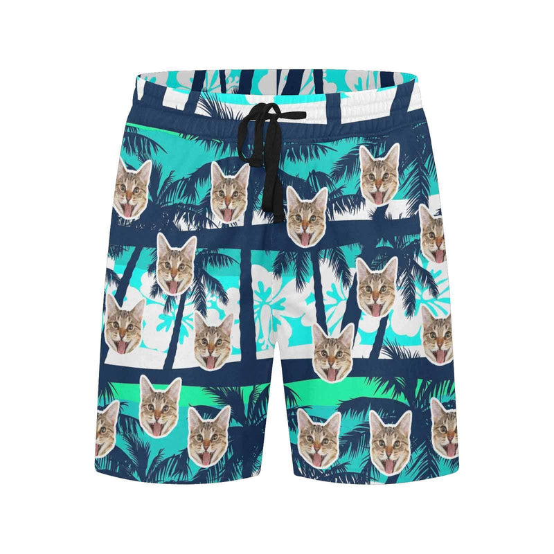 Custom Face Coconut Trees Men's Quick Dry Swim Shorts Men's Print Cat Face Personalized Swim Trunks