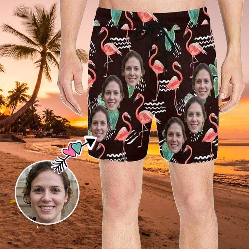 Custom Swimming Trunks Design Face Flamingos Men's Quick Dry Swim Shorts with Girlfriend's Face for Pool Party