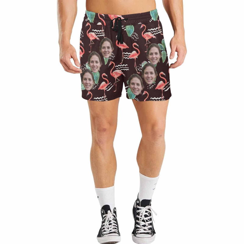 Custom Swimming Trunks Design Face Flamingos Men's Quick Dry Swim Shorts with Girlfriend's Face for Pool Party