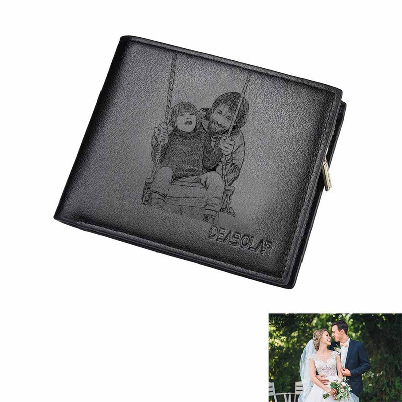 Father's Day Gifts | Custom Photo Swing With Dad Happy Engraved Bifold Men's Leather Wallet Personalized Photo Wallet For Dad-Put Your Photo On Wallet