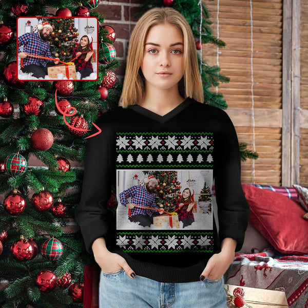 Custom Photo Sweater Christmas Snowflake Black Personalized Sweater