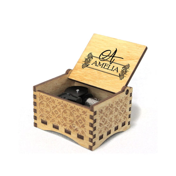 Custom Name&Initials Flower Wooden Music Box Put Your Name or Text on Music Box