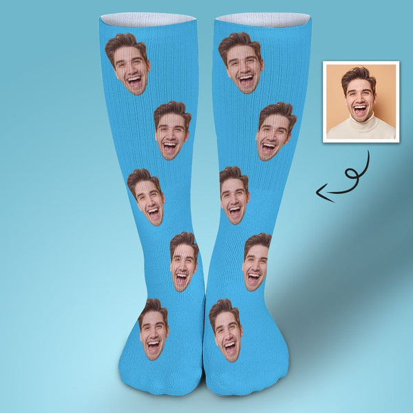 FacePajamas Sublimated Crew Socks-2WH-SDS 1PCS Custom Face Sublimated Crew Socks Blue Background Socks Personalized Funny Photo Socks Gift