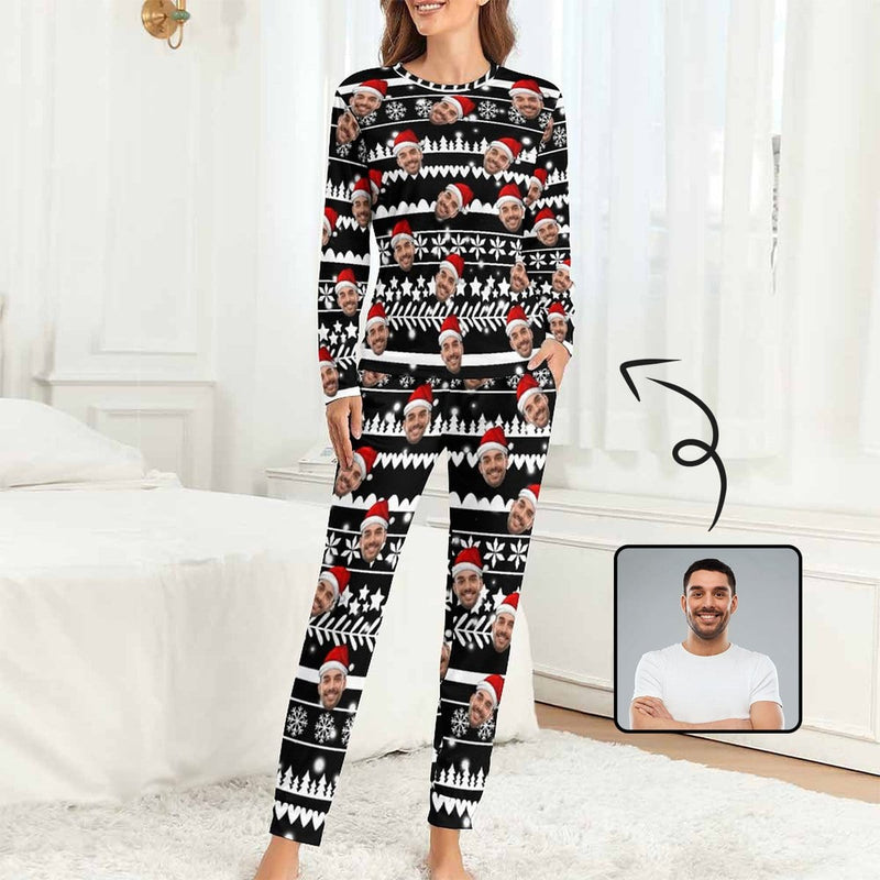 FacePajamas Pajama Black / XS Custom Boyfriend Face Christmas Pattern Sleepwear Personalized Women's Slumber Party Crewneck Long Pajamas Set