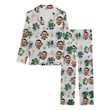 FacePajamas Pajama Custom Boyfriend Face Pajamas Green Grid Clover Sleepwear Personalized Women's Slumber Party Long Pajama Set