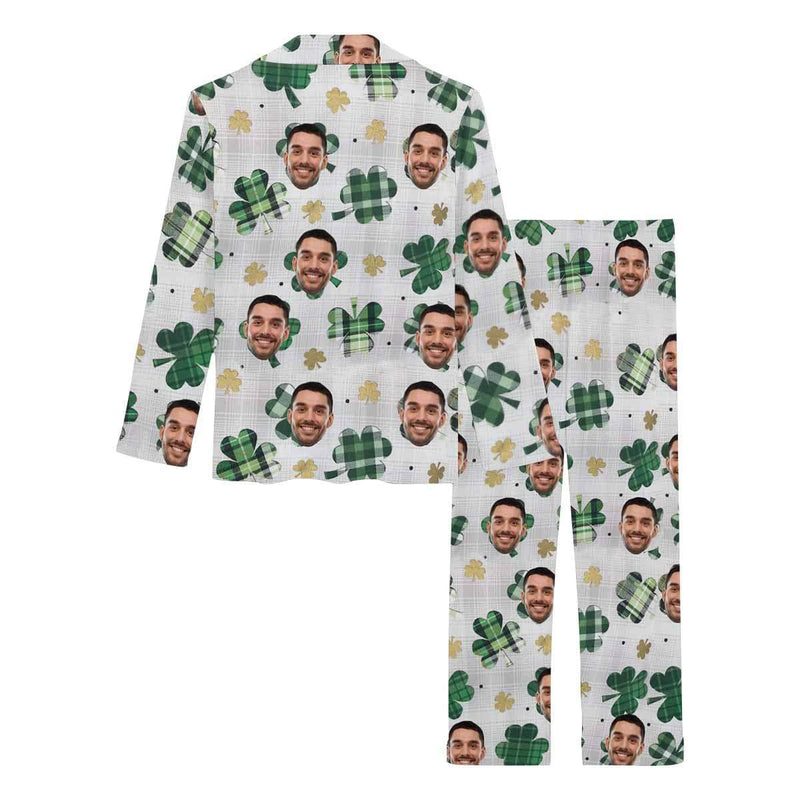 FacePajamas Pajama Custom Boyfriend Face Pajamas Green Grid Clover Sleepwear Personalized Women's Slumber Party Long Pajama Set