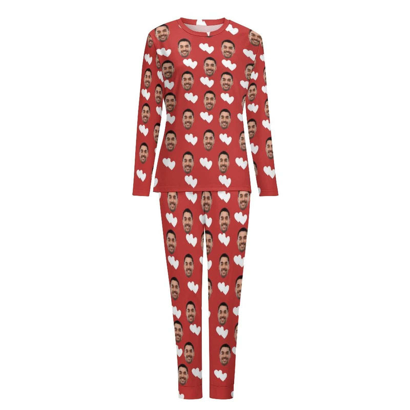 FacePajamas Pajama Custom Boyfriend Face Pajamas Love Heart Christmas Hat Sleepwear Personalized Women's Crewneck Long Pajamas Set