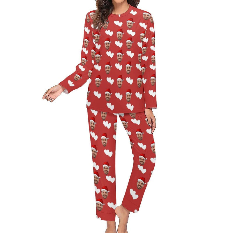 FacePajamas Pajama Custom Boyfriend Face Pajamas Love Heart Christmas Hat Sleepwear Personalized Women's Crewneck Long Pajamas Set