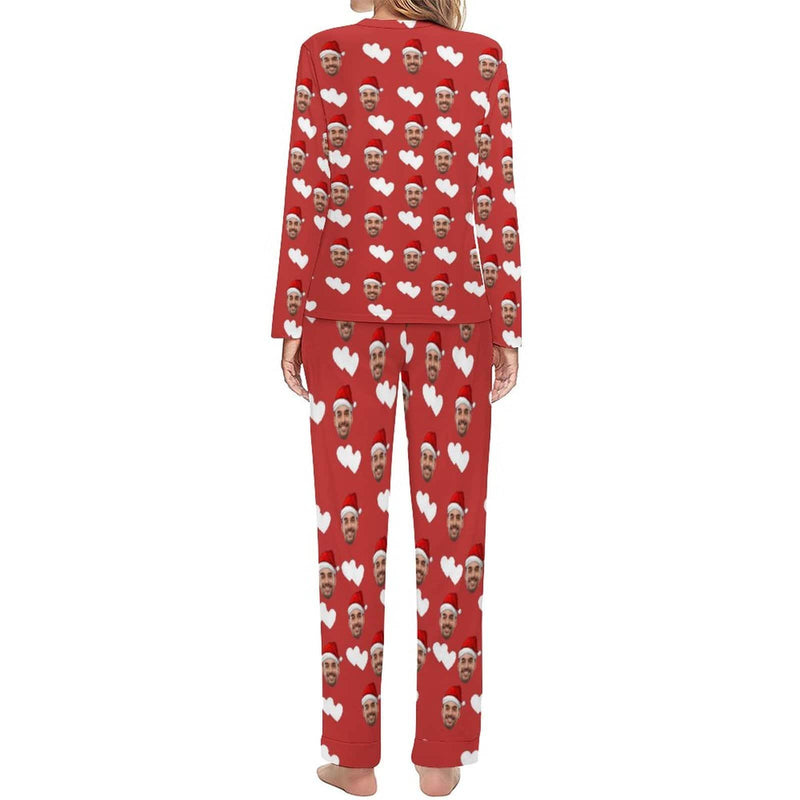 FacePajamas Pajama Custom Boyfriend Face Pajamas Love Heart Christmas Hat Sleepwear Personalized Women's Crewneck Long Pajamas Set