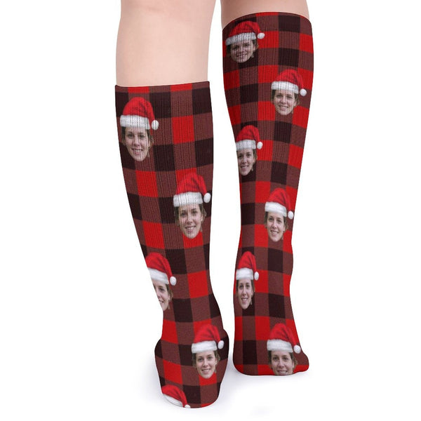 FacePajamas Sublimated Crew Socks-2WH-SDS Custom Christmas Face Socks Red Plaid Personalised Face Printed on Socks Sublimated Crew Socks Christmas Gifts