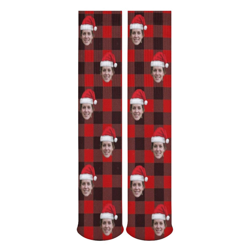 FacePajamas Sublimated Crew Socks-2WH-SDS Custom Christmas Face Socks Red Plaid Personalised Face Printed on Socks Sublimated Crew Socks Christmas Gifts