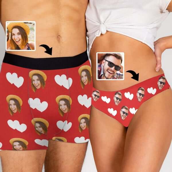 FacePajamas Mix Briefs Custom Couple Matching Lingerie Briefs with Face Heart Personalized Photo Underwear For Couple Gifts