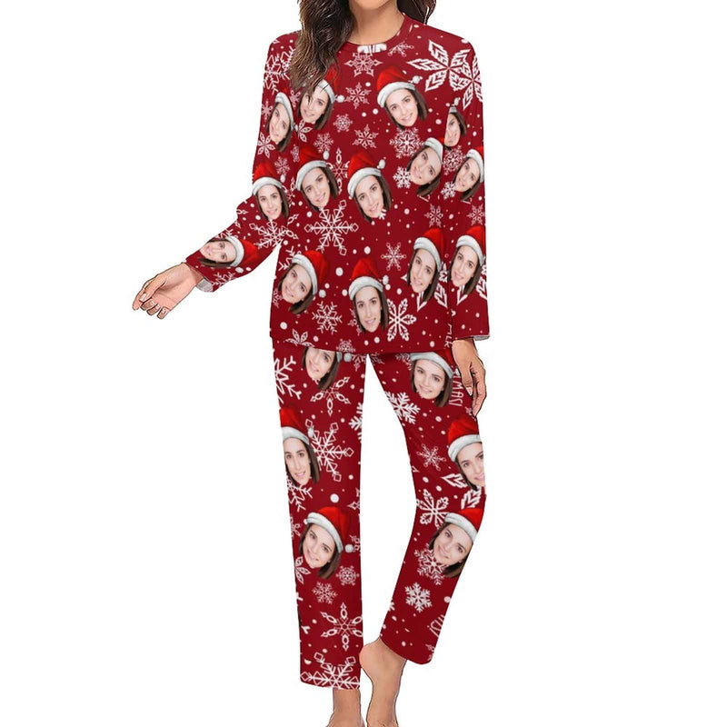 FacePajamas Pajama Custom Face Christmas Hat Snowflakes Nightwear Personalized Women's Slumber Party Crewneck Long Pajamas Set