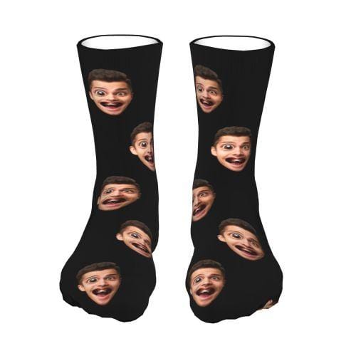 FacePajamas Sublimated Crew Socks Custom Face Classic Design Black Background Stripes Big Eyes Socks Personalized Photo Socks Unisex Gift for Men Women