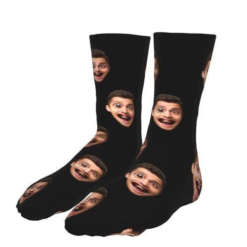 FacePajamas Sublimated Crew Socks Custom Face Classic Design Black Background Stripes Big Eyes Socks Personalized Photo Socks Unisex Gift for Men Women