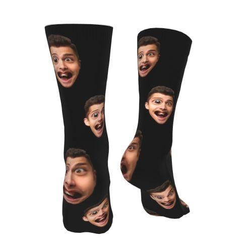 FacePajamas Sublimated Crew Socks Custom Face Classic Design Black Background Stripes Big Eyes Socks Personalized Photo Socks Unisex Gift for Men Women