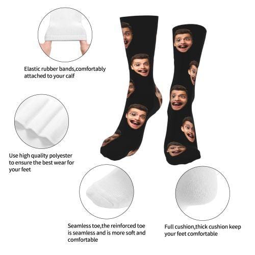 FacePajamas Sublimated Crew Socks Custom Face Classic Design Black Background Stripes Big Eyes Socks Personalized Photo Socks Unisex Gift for Men Women