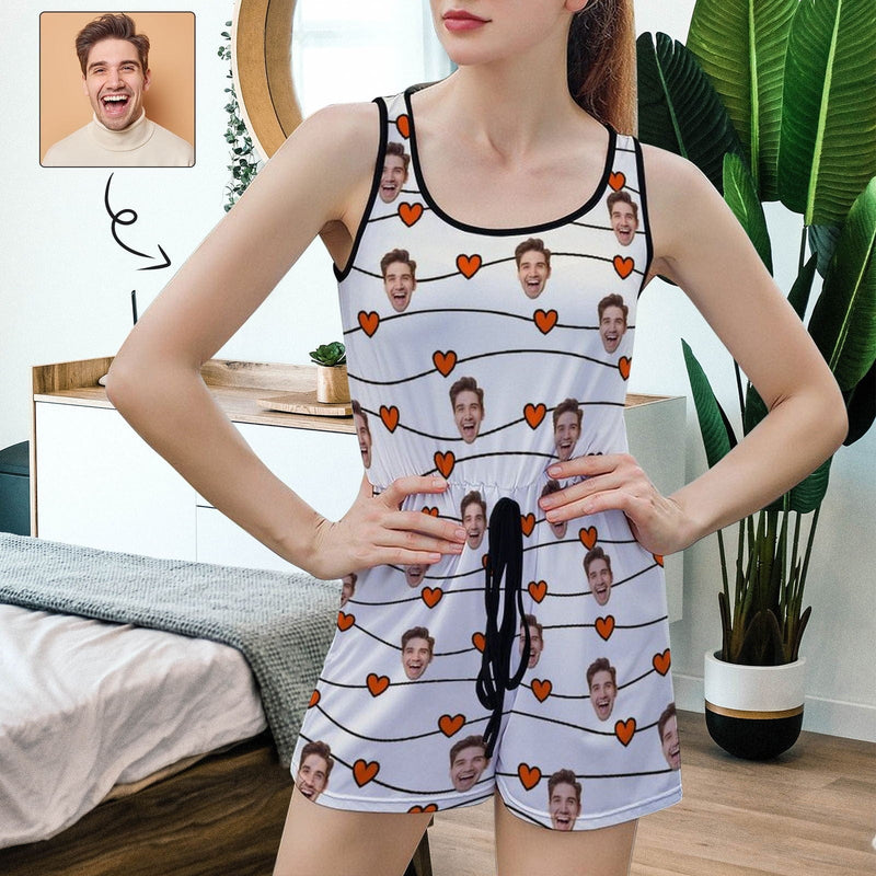 FacePajamas Pajama-2ML-SDS Custom Face Love Heart Women's Short Jumpsuit Loungewear