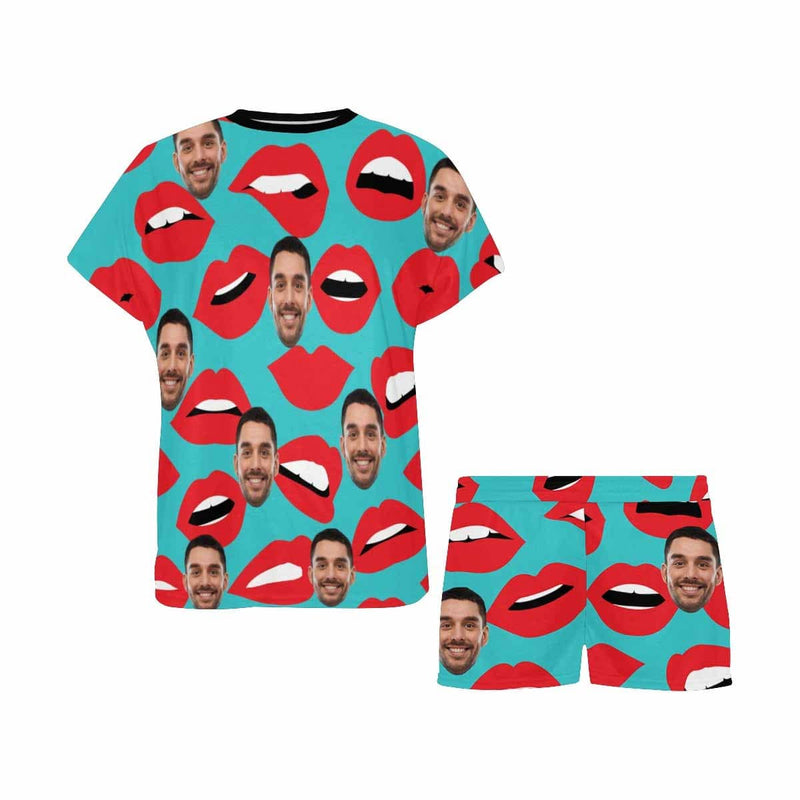 FacePajamas Pajama Custom Face Pajamas Green Background Sleepwear Personalized Lips Women's Short Pajama Set